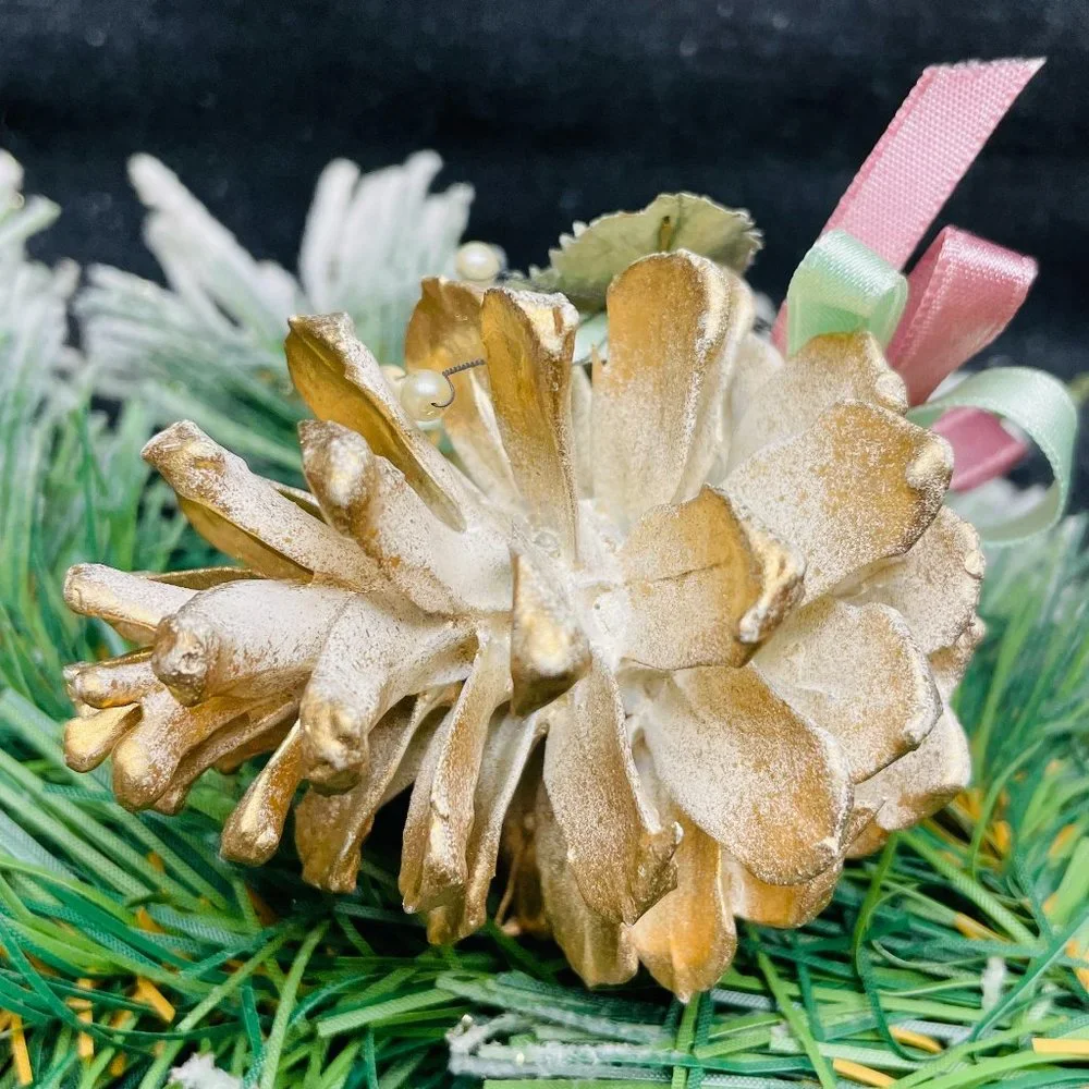 EUC S/6 Gold & White Pine Cones w/Pink Silk Roses, Pink/Green Ribbon, 7 1/2